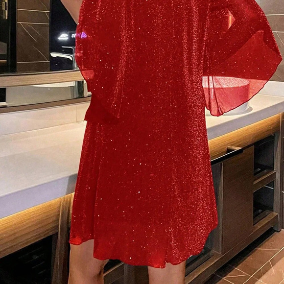 Red Party Women's V-Neck Split Sleeve Dress - Picture 3 of 8